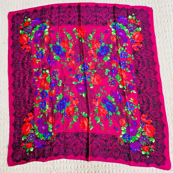 Vintage Silk Liz Claiborne Square Scarf Lace Print & Floral Design Gem Tones 90s - Picture 1 of 12